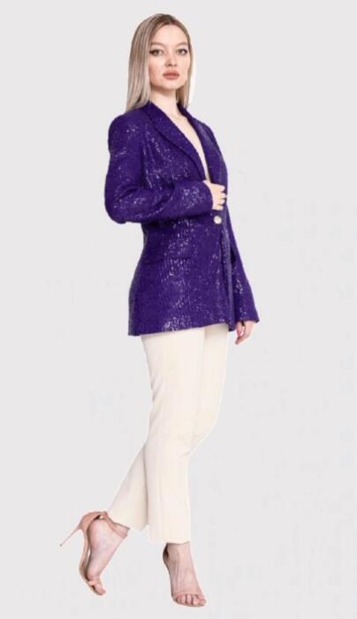 Women's 2 Piece Set - Purple Sparkly Sequin Long Sleeve Jacket and High Waist Straight Pants, Luxury Evening Party Suit image 4