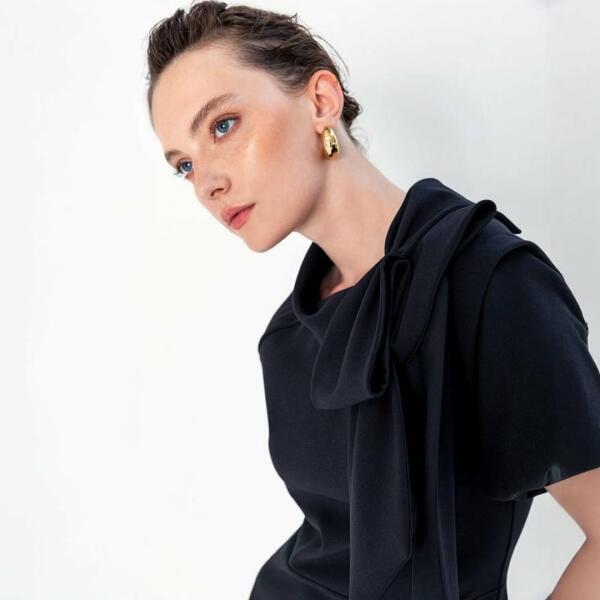 Women's round neck dress with large bow detail and elegant design with short sleeves image 7