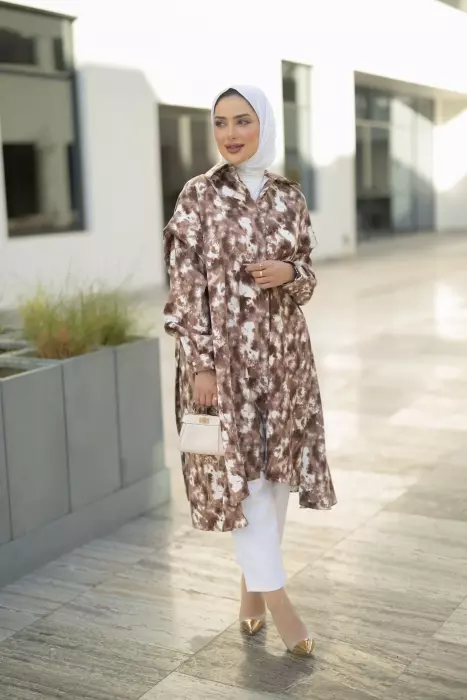 قميص طويل كريبي - بني - FS image 1