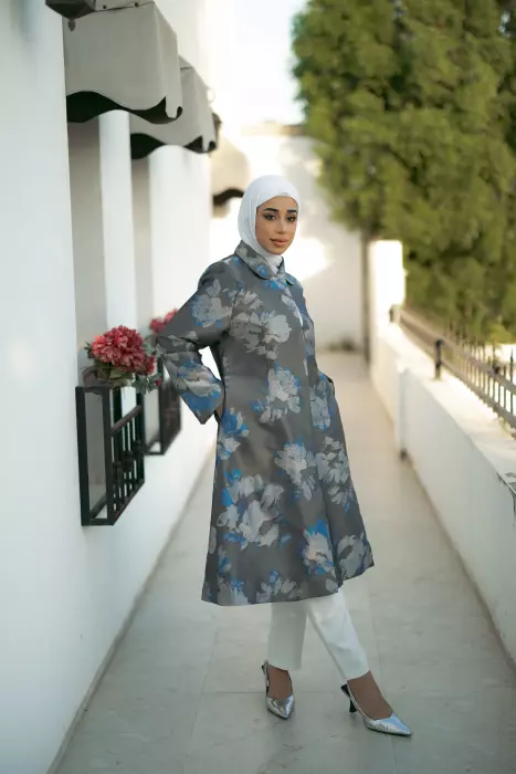 جاكيت جاكار طويل بزخرفة زهور image 8
