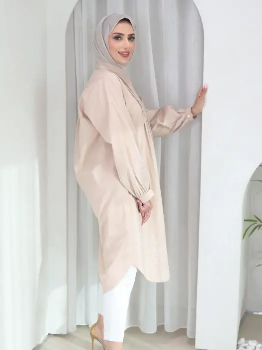 قميص طويل بكسرات على الصدر - بيج - 1 image 2