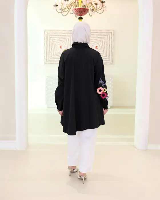 قميص قطني بكسرات انسيابية-اسود-2 image 2