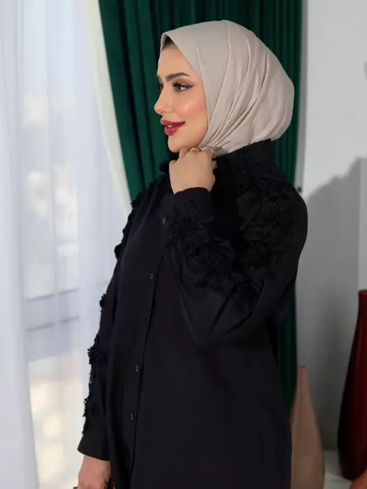 قميص مع دانتيل من القطن - اسود - 2 image 2
