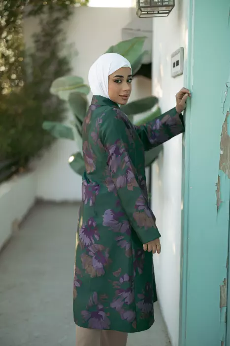 Long Floral Print Jacket - Green - 4 image 3