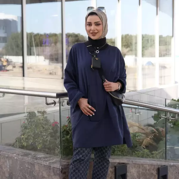 بلوزة من القطن مع طباعة - كحلي - FS image 2