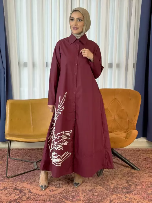 فستان من خام القطن - عنابي - 1 image 0