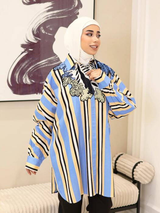 قميص مخطط من القطن-مقلم ازرق-fs image 2