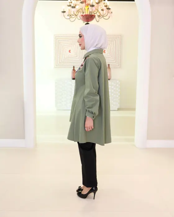 قميص قطني بكسرات انسيابية-زيتي-2 image 1