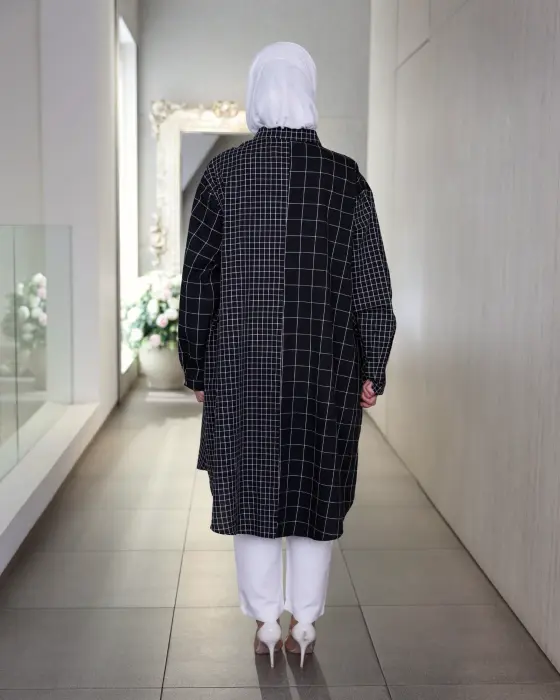 قميص طويل بنقش كاروهات-اسود-FS image 2