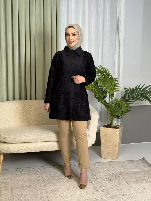 قميص قطني مع ترتل - اسود - 1 image 0