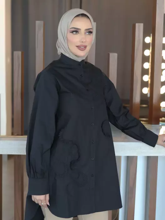 Embroidered Cotton Shirt - Black - 4 image 1