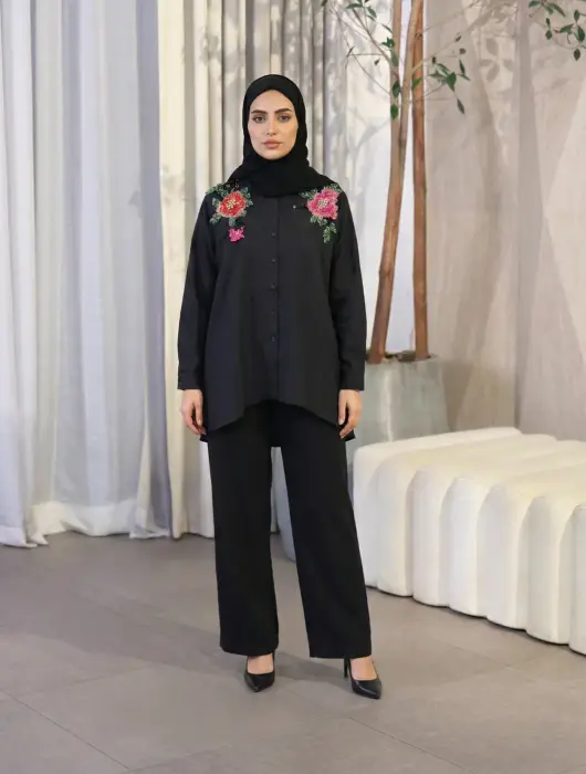 قميص من الكريب الشيفون - اسود - FS image 0