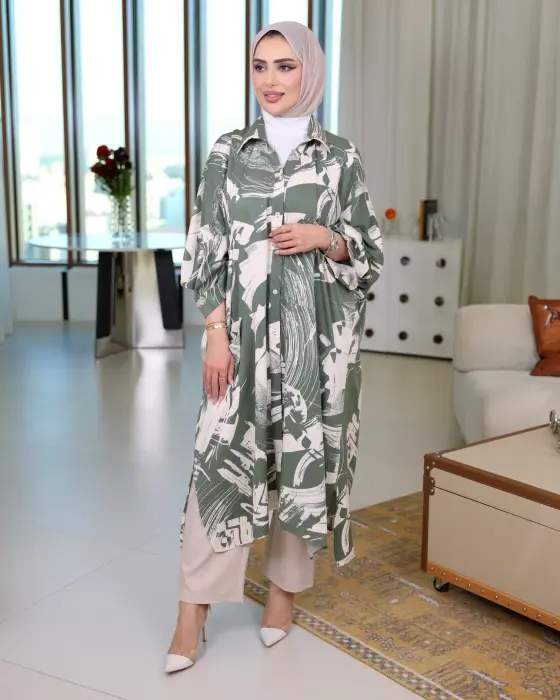Long cotton floral shirt-Olive-FS image 0