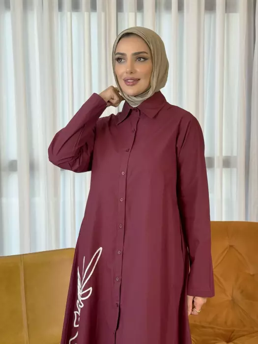 فستان من خام القطن - عنابي - 1 image 1