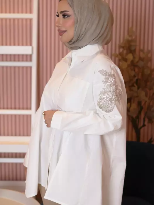 قميص مع كلفة مزينة بالشك - اوف وايت - 2 image 1