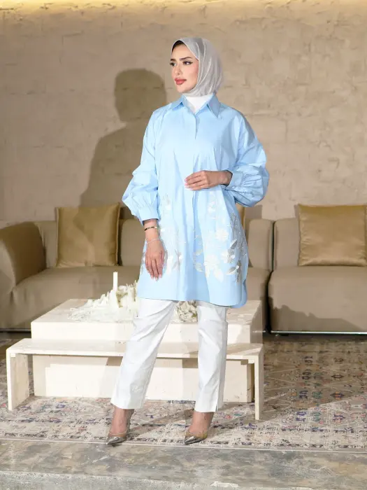 Wide cotton shirt - Cyan - FS image 0
