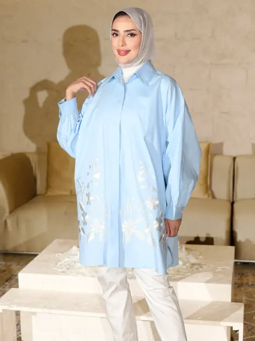 Wide cotton shirt - Cyan - FS image 1