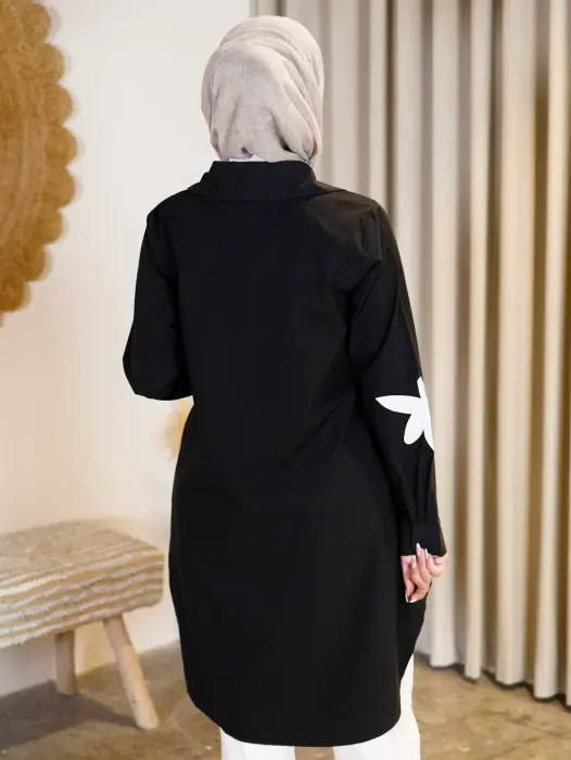 قميص طويل بتصميم مريح - اسود - 1 image 3