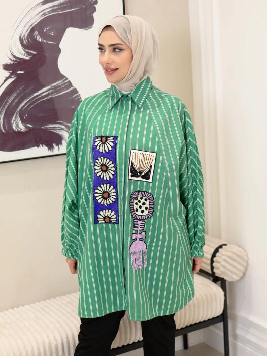 قميص مزين بالترتل-بيج مقلم اخضر-fs image 1