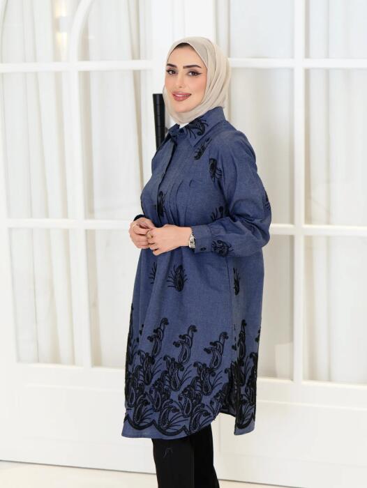 قميص طويل من الجينز-جينز كحلي-3 image 1