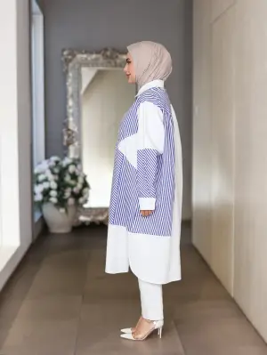 قميص طويل مخطط - مقلم ازرق - fs image 1