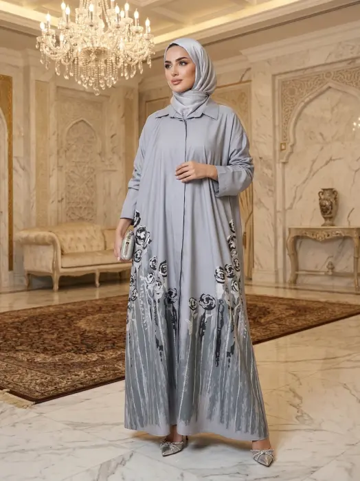 فستان نسائي بطبعة أنيقة-رمادي-fs image 0