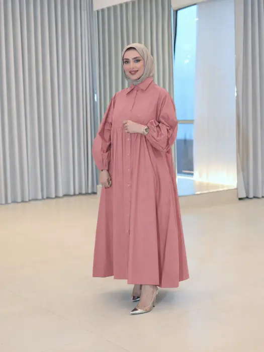 فستان قطني واسع للمحجبات-وردي فاتح-FS image 1