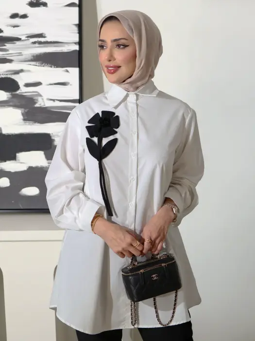 قميص قطني بوردة فاخرة - اوف وايت - 2 image 2