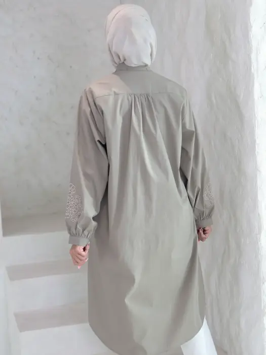 قميص طويل بكسرات على الصدر - بيج ترابي - 1 image 3