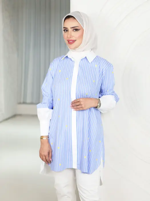 قميص مزين بالترتر - سماوي مقلم - 3 image 1