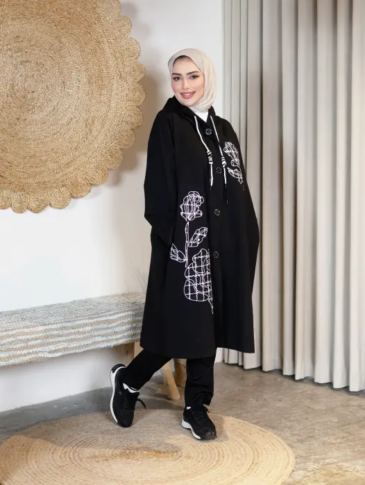 جاكيت طويل بقبعة- اسود- fs image 0