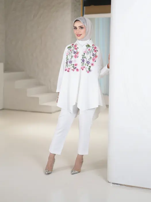 قميص قطني نسائي مع ورد-ابيض-5 image 0