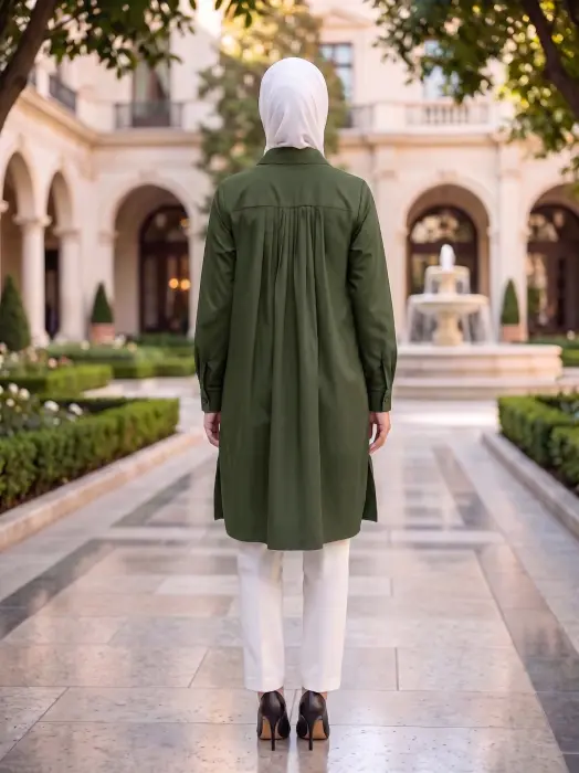 قميص طويل بكسرات ناعمة-زيتي-3 image 2