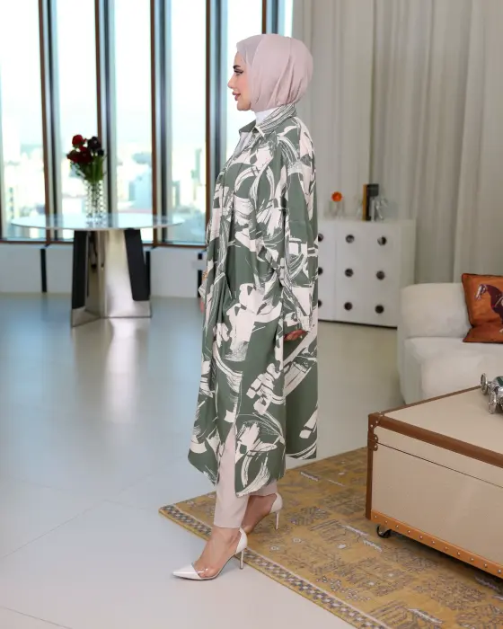 Long cotton floral shirt-Olive-FS image 1
