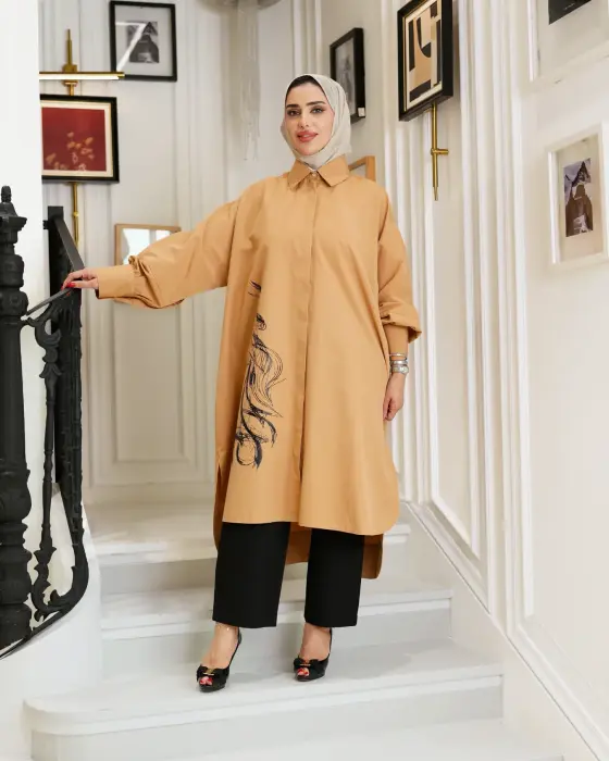 قميص طويل بقصة واسعة-بيج رملي-FS image 0
