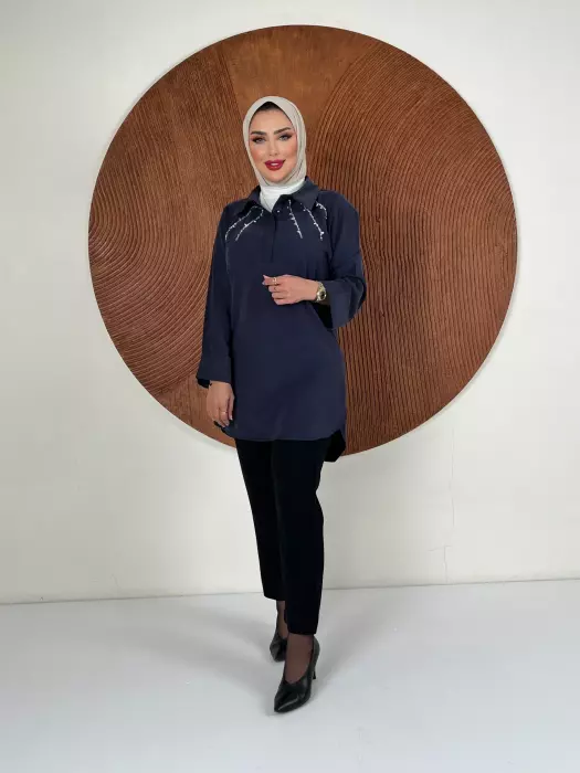 بلوزة من خام التنسل - كحلي - 2 image 2