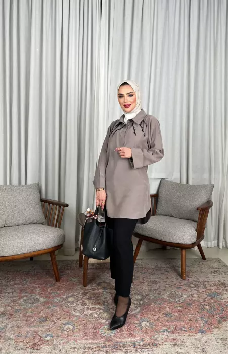 بلوزة من خام التنسل - بيج ترابي - 1 image 1