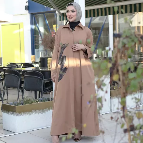 فستان قطني مع طباعة - عسلي - FS image 1