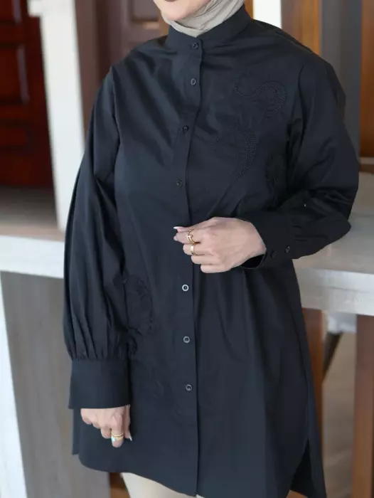 Embroidered Cotton Shirt - Black - 4 image 2