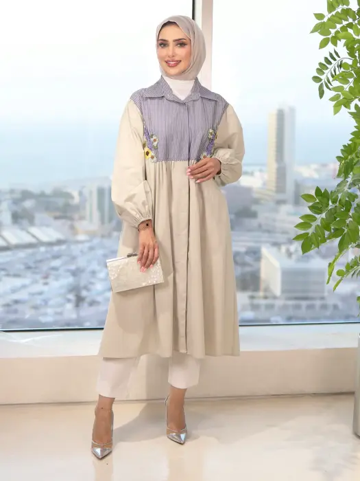 فستان قصير من القطن البوبلين - بيج فاتح - FS image 0