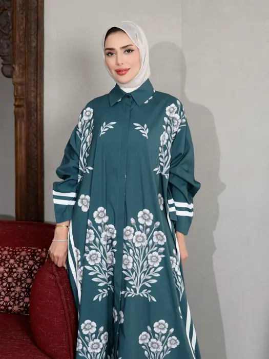 فستان طويل بنقشات ناعمة-بترولي-FS image 2