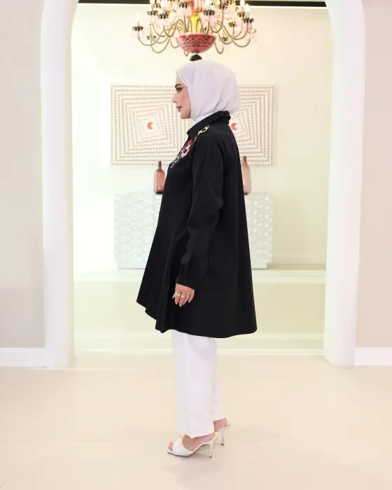 قميص قطني بكسرات انسيابية-اسود-2 image 1
