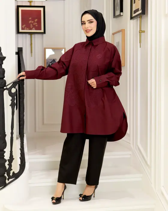 قميص بقصة كلاسيكية-عنابي-FS image 0