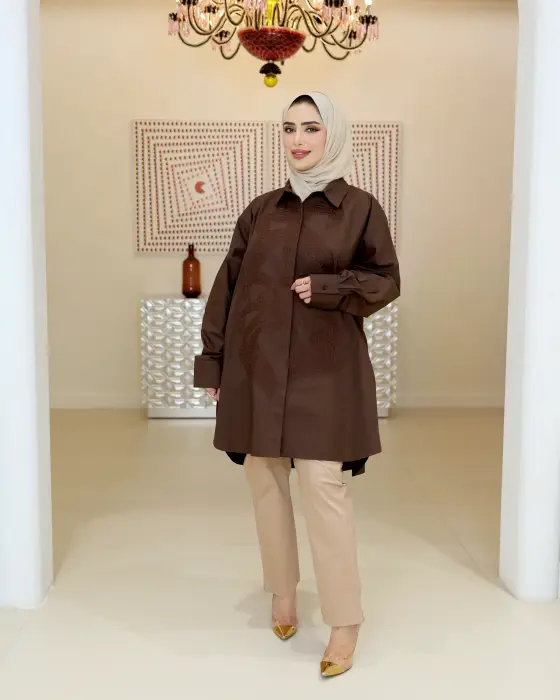قميص بقصة كلاسيكية-بني-FS image 0