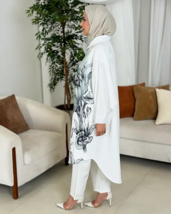 قميص طويل بطبعة منسوجة-ابيض-FS image 1