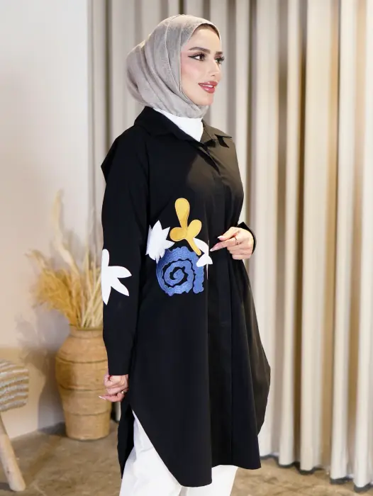 قميص طويل بتصميم مريح - اسود - 1 image 1