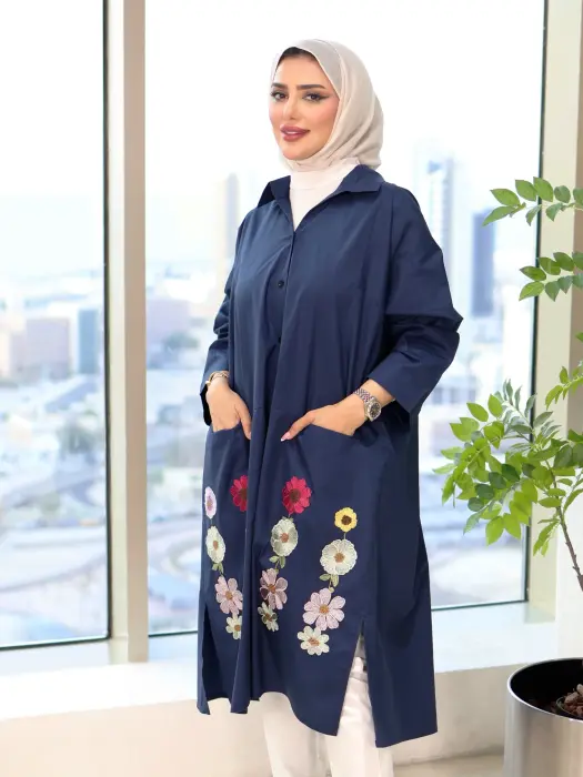 قميص طويل بتفاصيل ورد - بيج - FS image 1