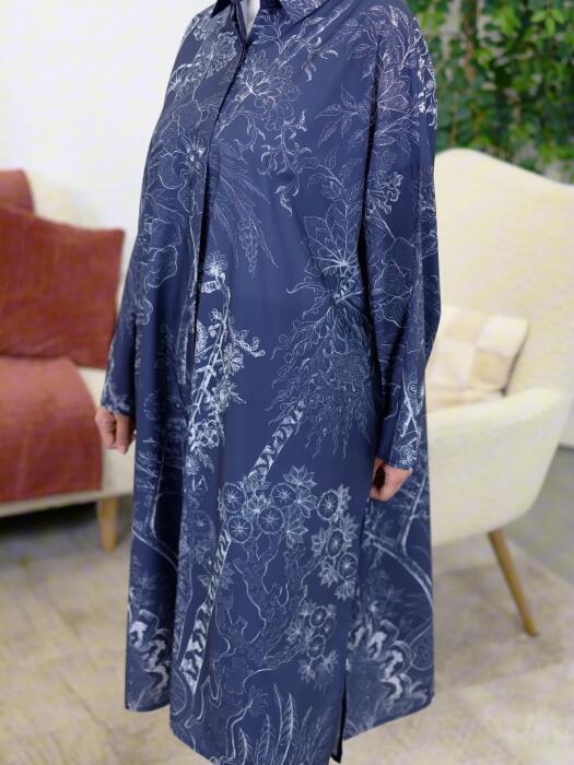 قميص طويل بنقش مشجر-كحلي-FS image 1