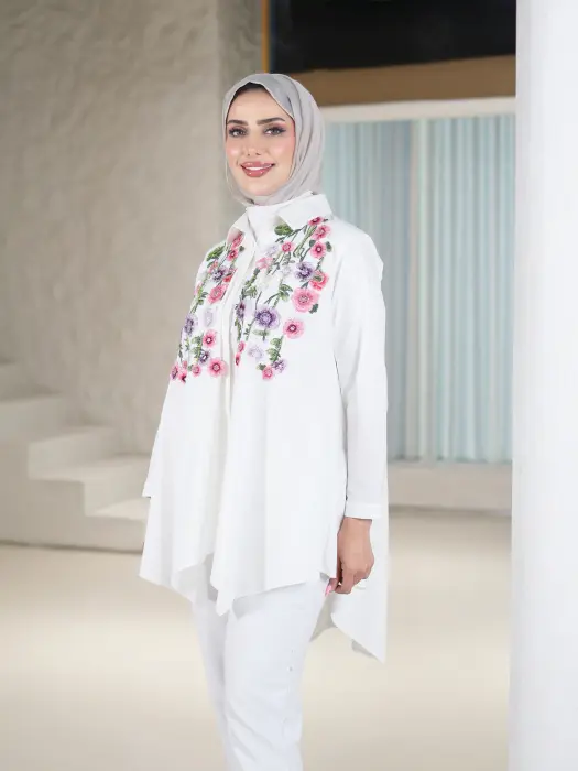 قميص قطني نسائي مع ورد-ابيض-5 image 1