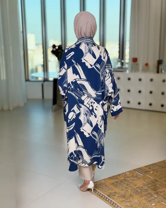 قميص طويل قطني مشجر-كحلي-FS image 2